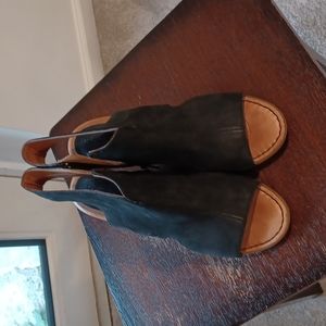 BORN Black Leather Booties w/cutouts, neopreme soles, wooden stacked heels